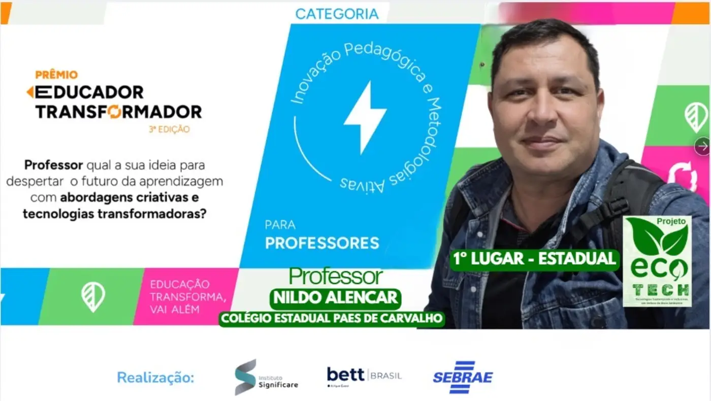 Professor Juvanildo de Alencar Junior, é o 1º colocado estadual na categoria 'Inovações Pedagógicas e Metodologias Ativas' - Foto: Divulgação Professor Juvanildo de Alencar Junior, é o 1º colocado estadual na categoria 'Inovações Pedagógicas e Metodologias Ativas' - Foto: Divulgação